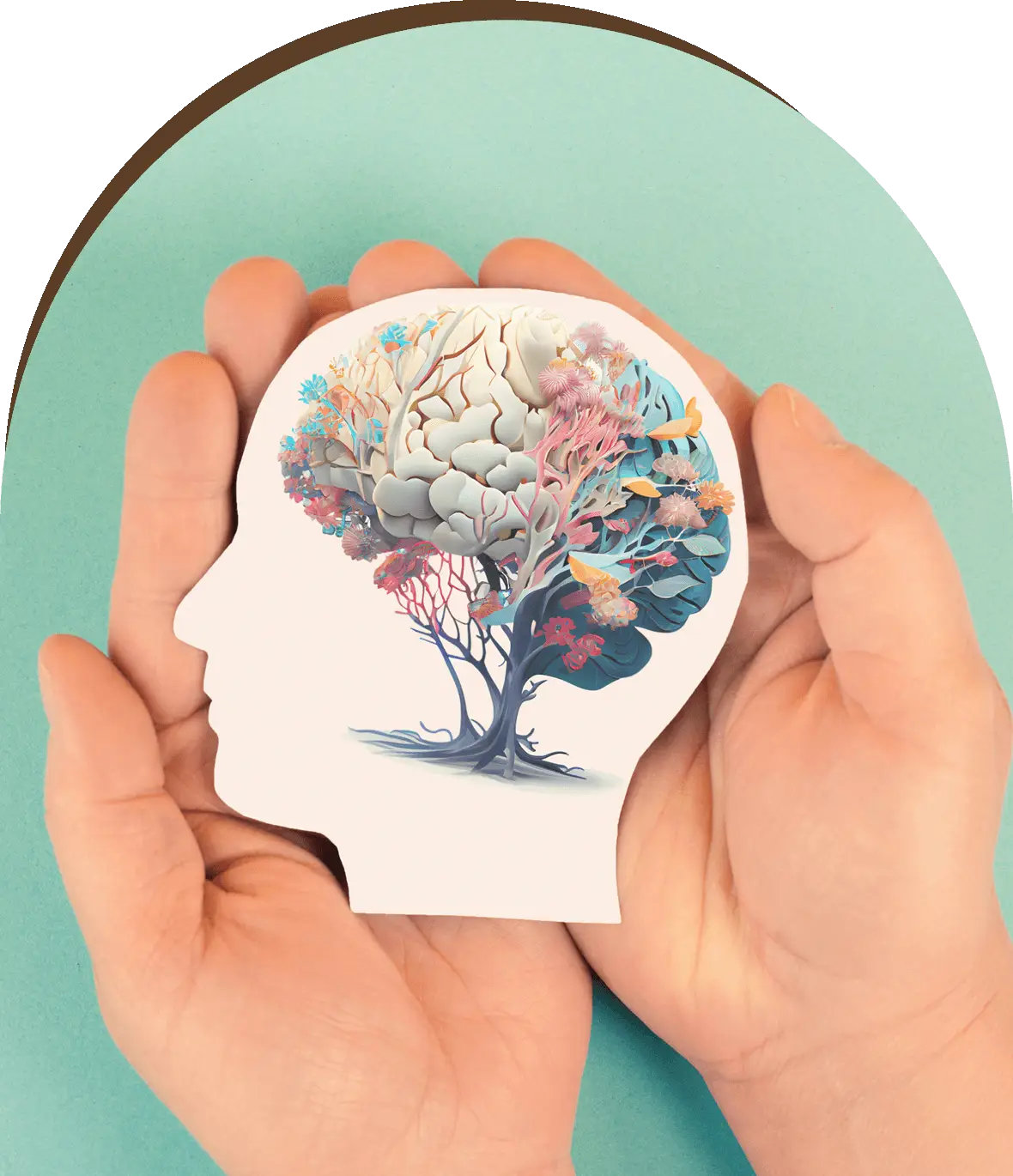 Group-13213147401.png A person holding a paper cut out of a head with a tree in the middle.